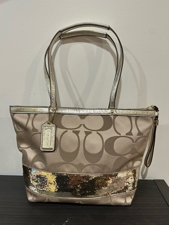 Coach Handbags - Coach Signature Stripe Tote Bag with metallic gold sequin accents EUC